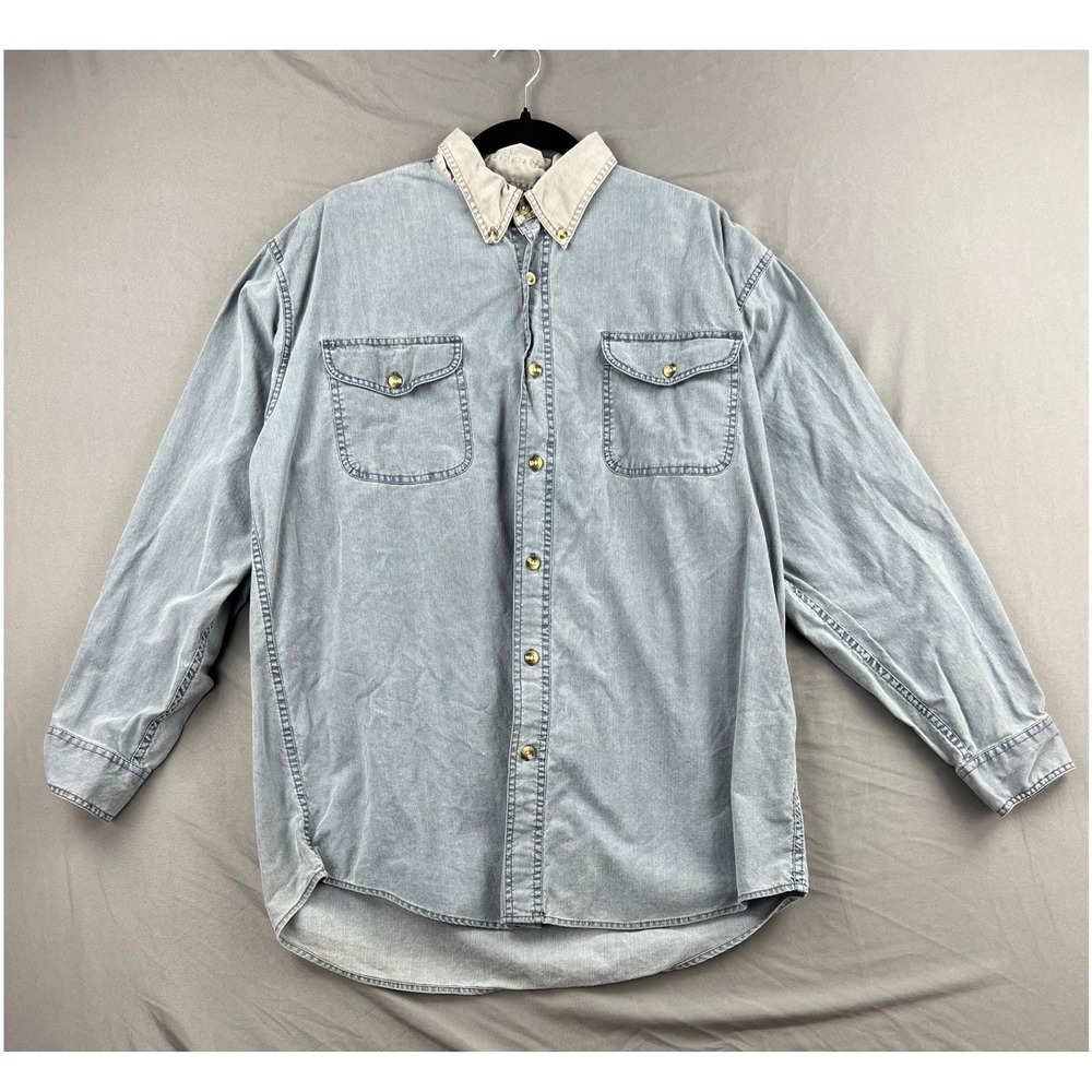 RedHead Button Down Shirt Mens Large Blue Denim Cotton Elbow Patch Good